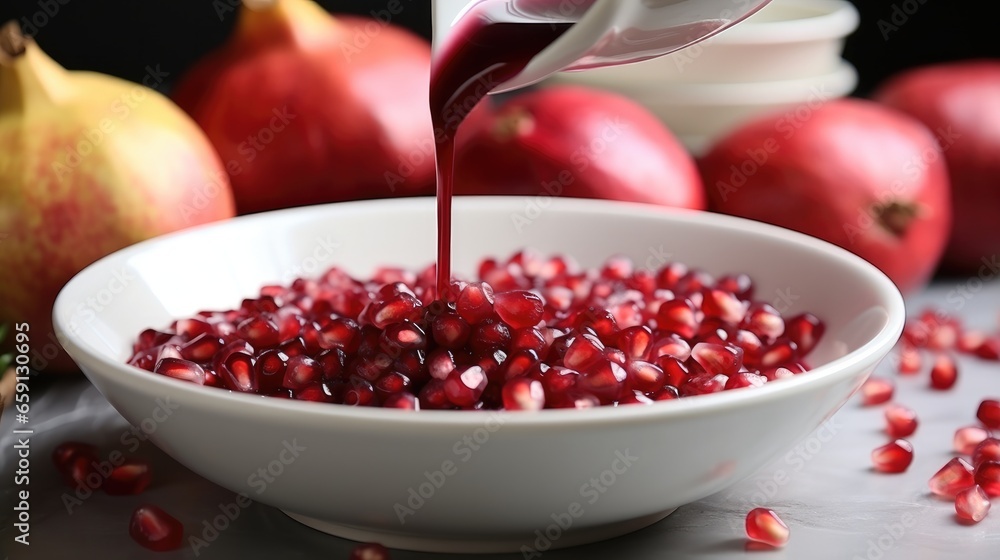 Putting flavorful pomegranate sauce in a dish. Putting flavorful pomegranate sauce in a dish.