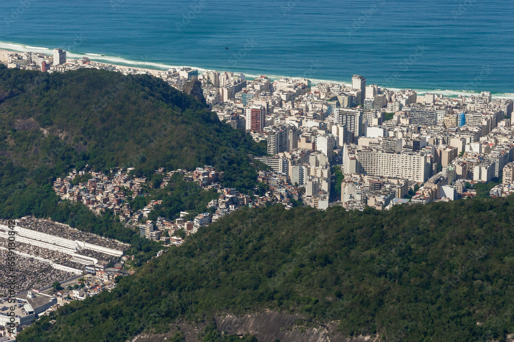 Copacabana beach seen from the Corcovado, strong contrast between coastal rich area and hill poor neighborhood in Morro Sao Joao