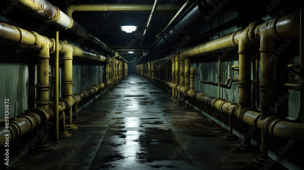 Obraz premium depths of an underground corridor, featuring a complex network of metal pipelines for water and gas transport, surrounded by an intricate web of electricity lines on the ceiling