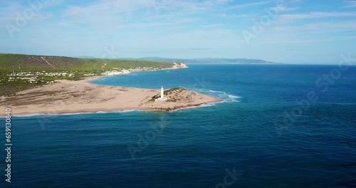 Faro de Trafalgar, aerial view of the lighthouse at a sandy headland with dunes between Los Caños de Meca and Zahora, Conil de la Frontera, Vejer de la Frontera, Costa de la Luz, Andalusia, Spain