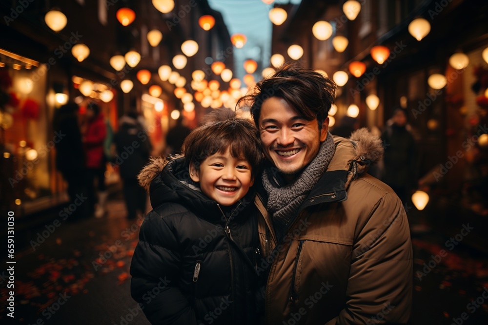 Asian father and son smiling and enjoying the Chinese new year in a full of red lanterns street