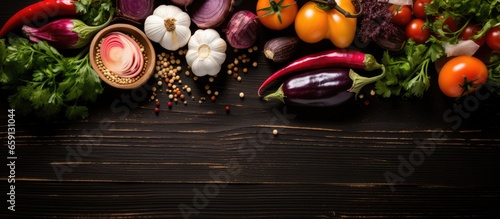Assorted ingredients for cooking on a black background with space for text