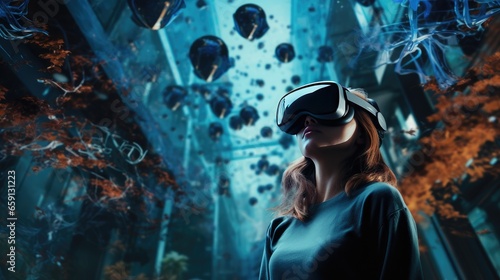 Step into the future with VR glasses as a woman touches the air in a virtual world, immersing herself in a high-tech sensory experience photo