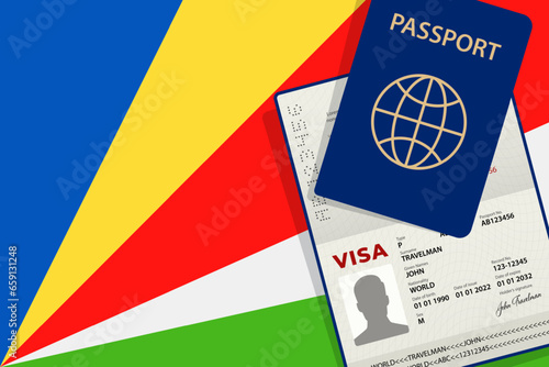 Visa to Seychelles and Passport. Seychelles Flag Background. Vector illustration
