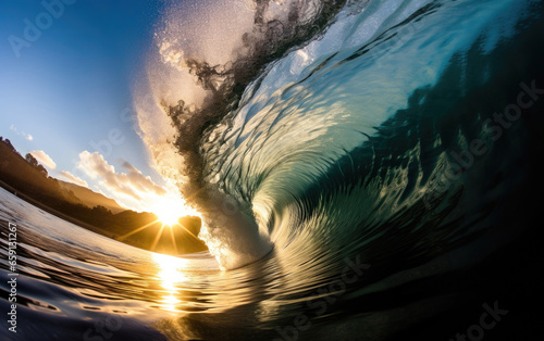 Inside view of a hollow barrel wave breaking in the beach against the sun, showing its tube pipeline interior. Barreling surfer point of view (POV)