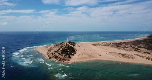 Faro de Trafalgar, aerial view of the lighthouse at a sandy headland with dunes between Los Caños de Meca and Zahora, Conil de la Frontera, Vejer de la Frontera, Costa de la Luz, Andalusia, Spain