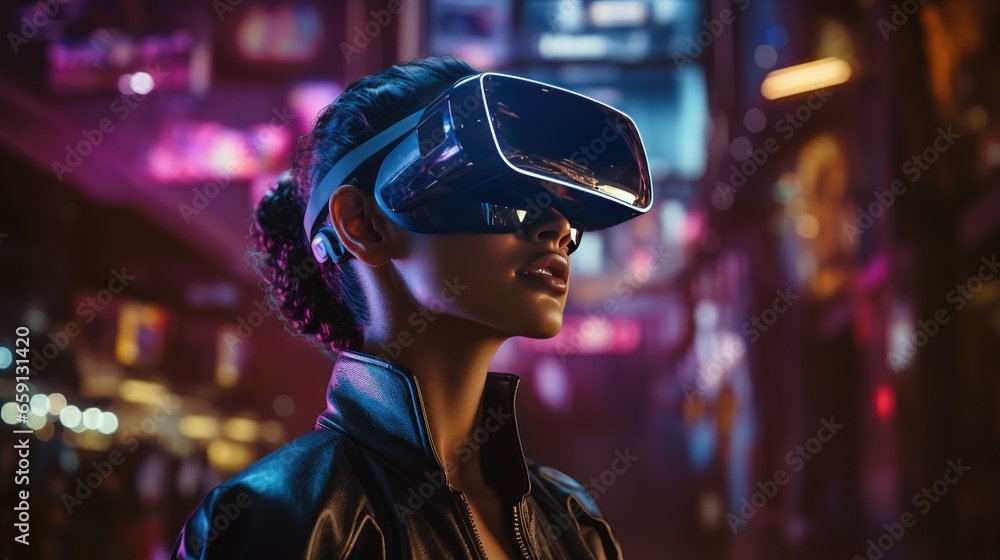 Step into the future with VR glasses as a woman touches the air in a virtual world, immersing herself in a high-tech sensory experience - obrazy, fototapety, plakaty 