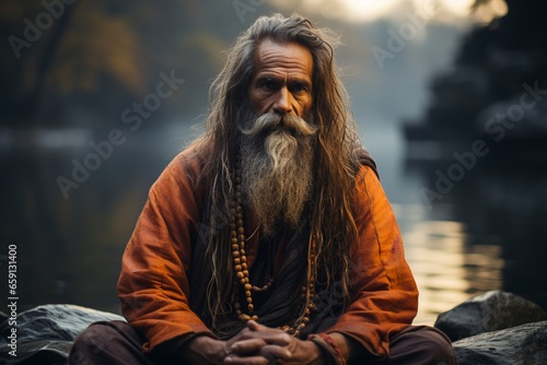 Wise Hindu long bearded and long haired Guru sitting on a stone by a river meditating dressed in orange