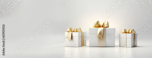 Gift box with gold ribbon on white background, for Christmas, Birthday, holiday horizontal digital banner with copyspace, xmas present