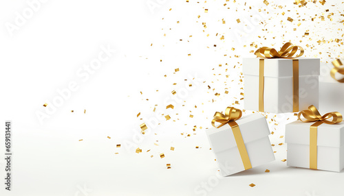 Flying gift box with gold ribbon and sparkle confetti on white background, for Christmas, Birthday, holiday horizontal digital banner with copyspace, xmas present © Татьяна Бабышева