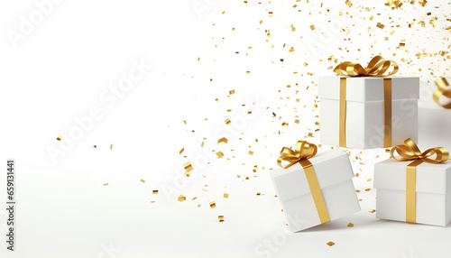 Flying gift box with gold ribbon and sparkle confetti on white background, for Christmas, Birthday, holiday horizontal digital banner with copyspace, xmas present