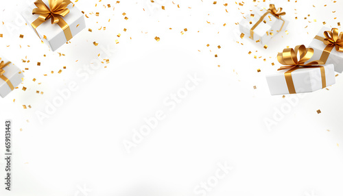 Flying gift box with gold ribbon and sparkle confetti on white background, for Christmas, Birthday, holiday horizontal digital banner with copyspace, xmas present