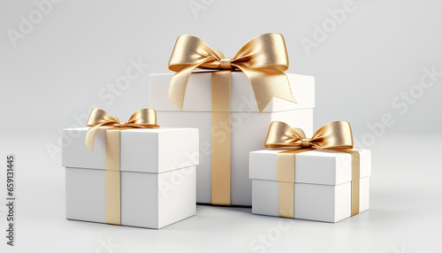 Gift box with gold ribbon on white background, for Christmas, Birthday, holiday horizontal digital banner with copyspace, xmas present © Татьяна Бабышева