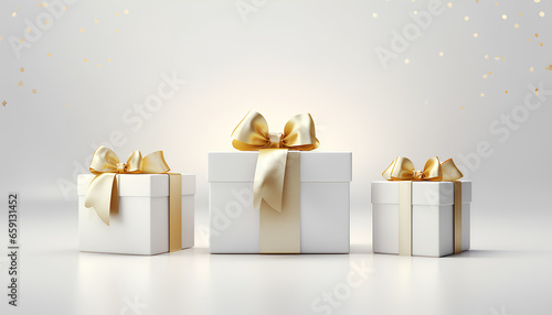 Gift box with gold ribbon on white background, for Christmas, Birthday, holiday horizontal digital banner with copyspace, xmas present