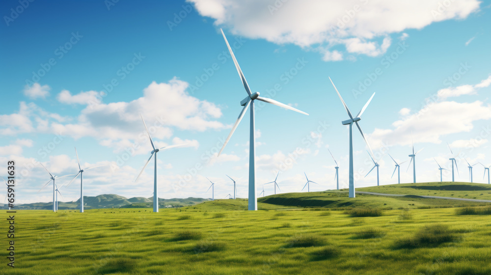 A wind turbine farm with giant turbines turning in a field to generate clean energy A wind turbine farm with giant turbines turning in a field to generate clean energy
