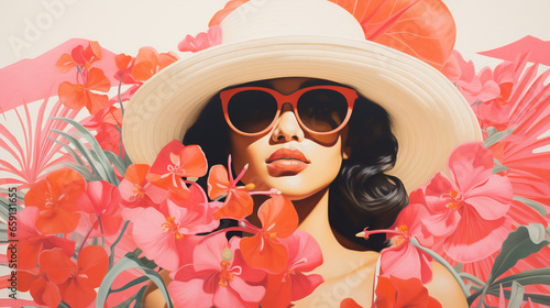 bright illustration, woman in sunglasses in hat, in pink colors, background, art
