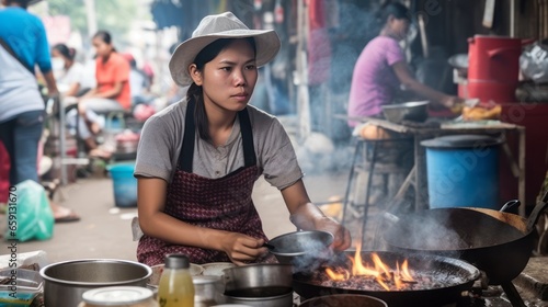 Asian woman cooking a street stall