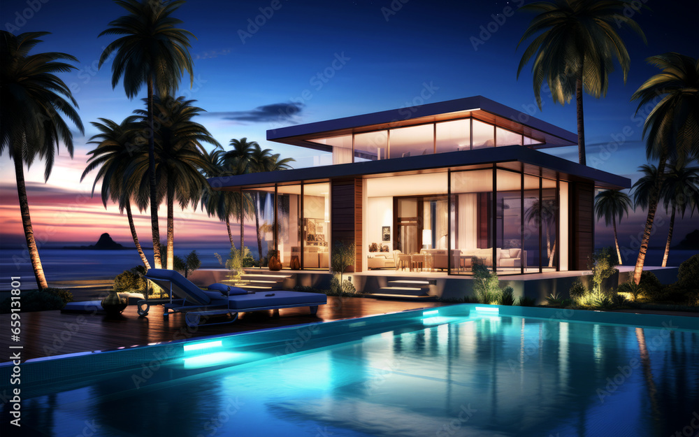 Expensive house villa with garden and pool at dusk. Concept of real estate sale, luxury house rental, inheritance, country residence