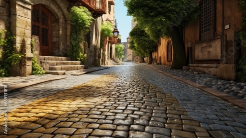 A picturesque stone pathway made of cobblestones and bricks, a testament to architectural heritage, creating a textured background for urban scenes