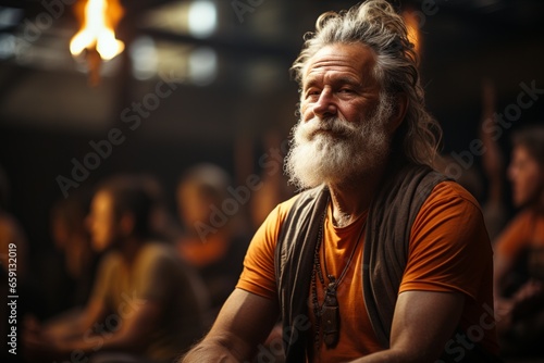 Caucasian man with long beard and hair listening to a spiritual talk in a crowded room