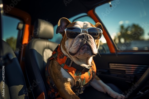 Bulldog with sunglasses in the driver's seat of a car © Javier