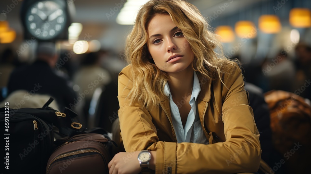 A tired woman with suitcases waits for a flight long time in the departure in airport. Delayed travel plans A tired woman with suitcases waits for a flight long time in the departure in airport. Delayed travel plans