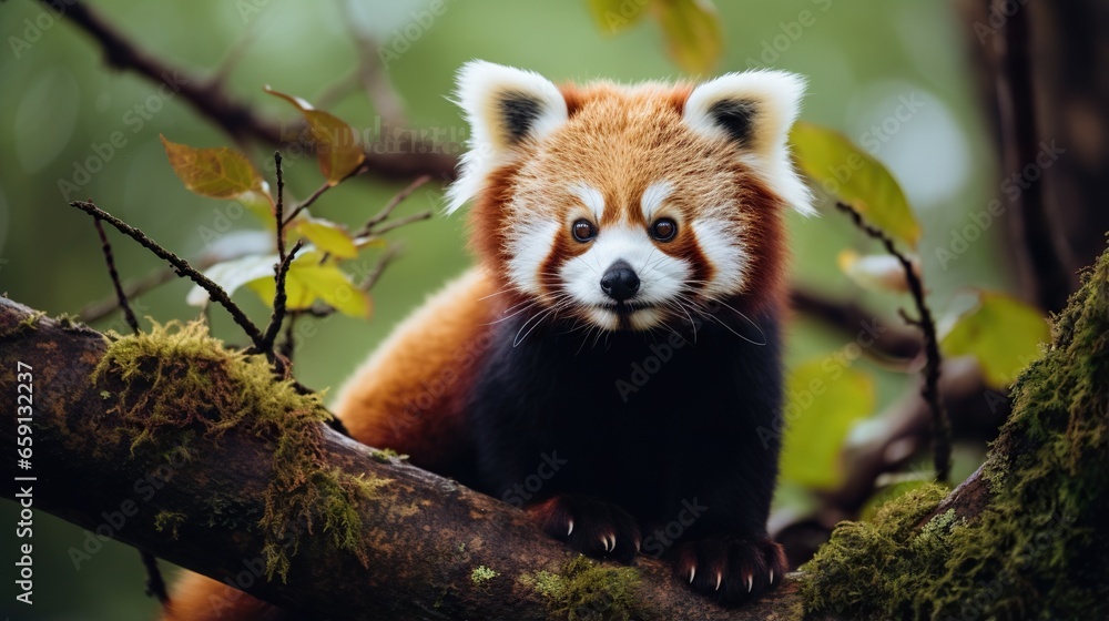 a red panda sitting on a tree branch looking at the camera. generative ai a red panda sitting on a tree branch looking at the camera. generative ai