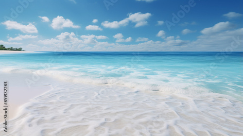 A wide shot of a beach, with white sand and crystal clear waters