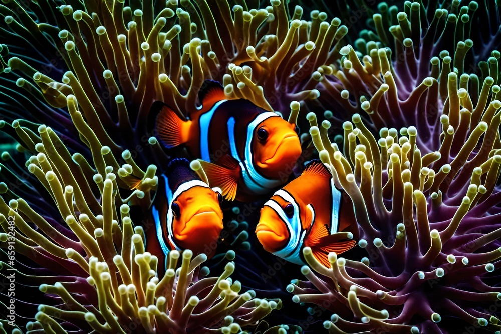 A pair of clownfish nestled within the protective tendrils of a sea anemone - AI Generative A pair of clownfish nestled within the protective tendrils of a sea anemone - AI Generative