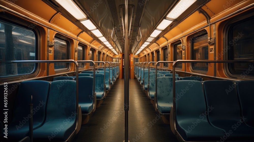 tranquil interior of an empty train carriage, a peaceful ride on public transit