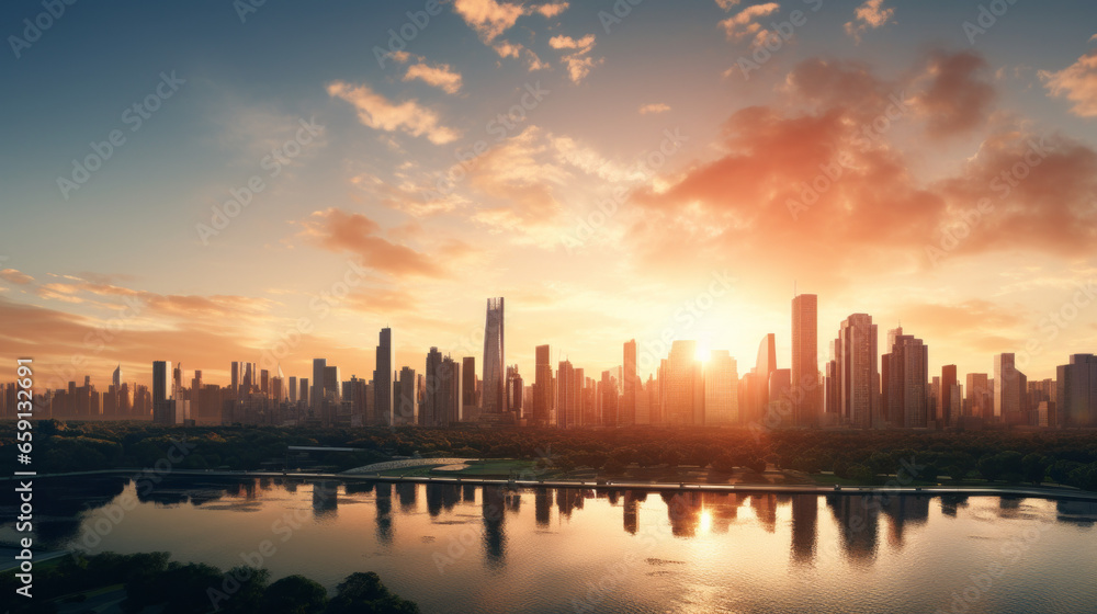 A wide shot of a city skyline, with tall buildings and a setting sun