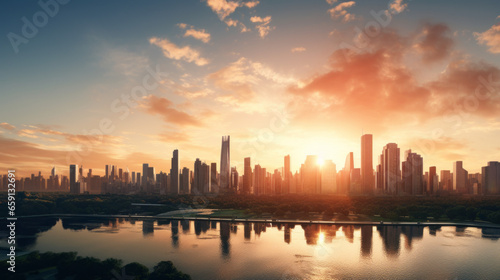 A wide shot of a city skyline, with tall buildings and a setting sun