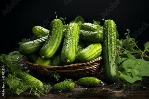 Nutrient-rich Fresh green cucumbers. Plant salad food. Generate Ai