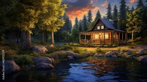 a painting of a cabin in the woods by a river. generative ai