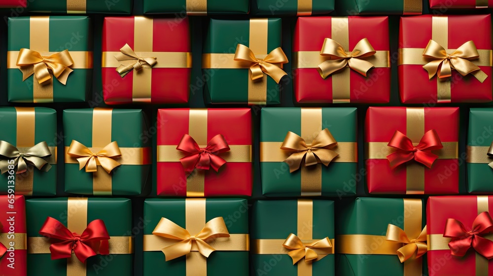 Fototapeta premium many presents are wrapped in green and red paper with gold bows. generative ai