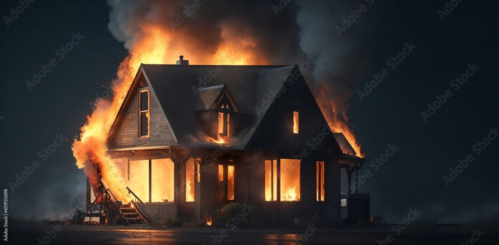 Fire in a house, burning country cottage, flame in a country house. Dangerous accident at home. Generative AI.