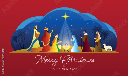 Christmas Nativity Scene: The Adoration of Three Wise Men.