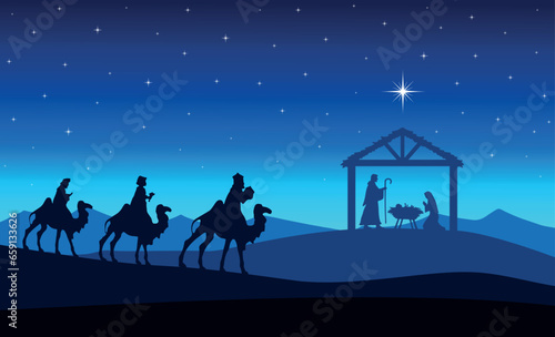 Blue Christmas nativity scene: Three Wise Men travel to the manger in the desert at night.