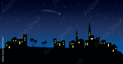 Christmas nativity scene: Bethlehem city skyline in the desert at night.