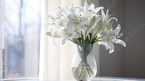  a vase filled with white flowers sitting on a window sill. generative ai