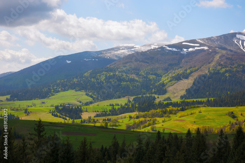 Fototapeta Naklejka Na Ścianę i Meble -  countryside scenery in spring. forested rolling hills with grassy meadows on a sunny day. distant ridge with spots of snow beneath a blue sky with clouds. beautiful nature background