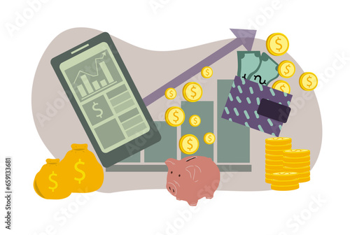 Dividend investing cashflow over time. Saving money, financial independancy retire early. Vector illustration. Investor application buying and selling stocks. High yield over time.