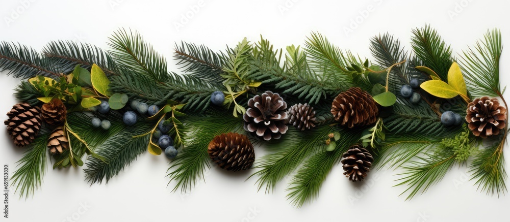 Naklejka premium Christmas tree branches arranged artistically in a flat lay representing a nature inspired New Year concept