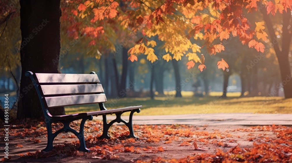 A wooden bench nestled in an autumn park, surrounded by vibrant foliage and peaceful serenity