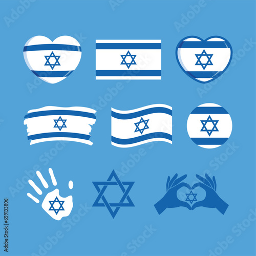 Israel flag icon set vector isolated on a blue background. Israeli flag graphic design element. Flag of Israel in heart shape vector. Israel flag symbols collection. Set of Israel icons in flat style
