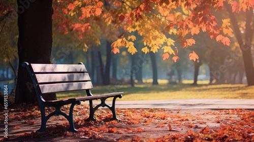 A wooden bench nestled in an autumn park  surrounded by vibrant foliage and peaceful serenity
