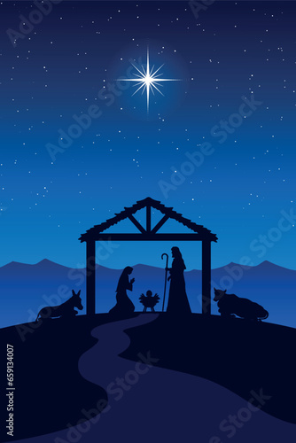 Christmas Nativity Scene: The Holy Family in the desert at night.