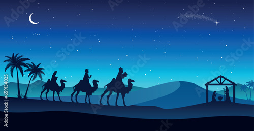 Blue Christmas Nativity Scene  Three Wise Men go to the manger in the desert at night.