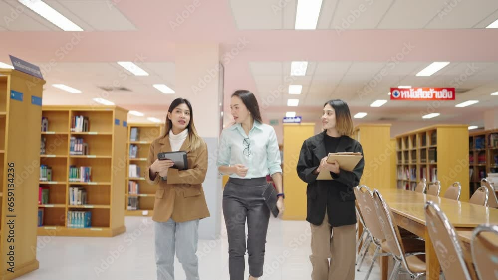 University College instructors and advisors meet female college students to advise their research study. University in classroom campus, college professor teacher and asian students discuss, teamwork