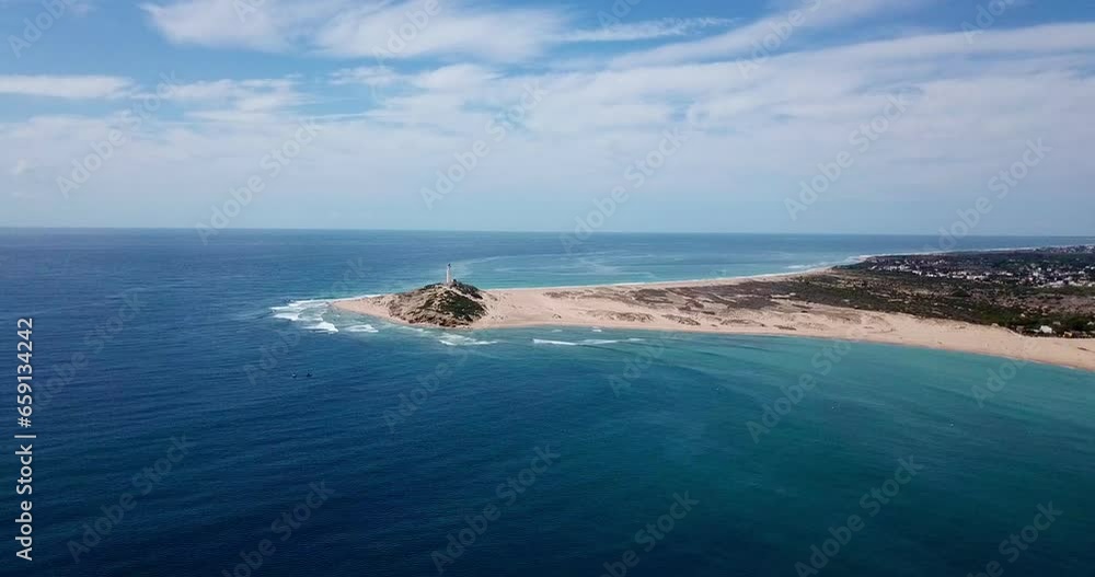 Faro de Trafalgar, aerial view of the lighthouse at a sandy headland with dunes between Los Caños de Meca and Zahora, Conil de la Frontera, Vejer de la Frontera, Costa de la Luz, Andalusia, Spain Faro de Trafalgar, aerial view of the lighthouse at a sandy headland with dunes between Los Caños de Meca and Zahora, Conil de la Frontera, Vejer de la Frontera, Costa de la Luz, Andalusia, Spain